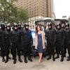 ALMOST HUMAN: Actress Minka Kelly (C) is guarded by MX-43 android policemen during FOX's &quot;Almost Human-(hattan) Experience&quot; at Herald Square on Wednesday, Oct. 30, 2013 in New York. CR: Omar Vega/Invision for FOX