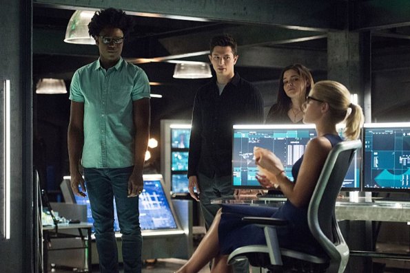 Arrow -- "Human Target" -- Image AR505a_0083.jpg -- Pictured (L-R):  Echo Kellum as Curtis Holt, Joe Dinicol as Rory Regan/Ragman, Madison McLaughlin as Evelyn Sharp/Artemis, and Emily Bett Rickards as Felicity Smoak -- Photo: Dean Buscher/The CW -- ÃÂ© 2016 The CW Network, LLC. All Rights Reserved.