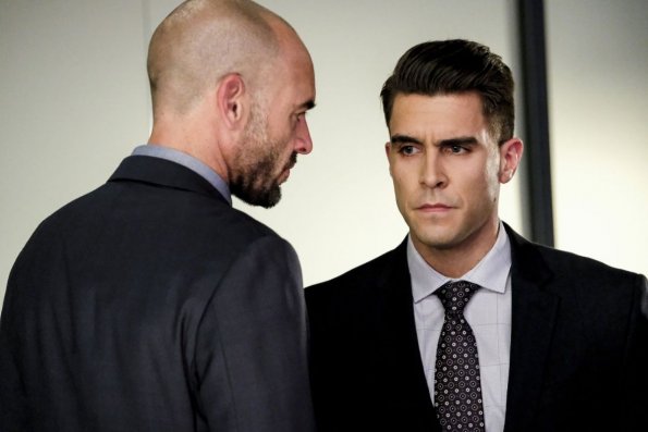 Arrow -- "Disbanded" -- Image AR518a_0225b.jpg -- Pictured (L-R): Paul Blackthorne as Quentin Lance and Josh Segarra as Adrian Chase -- Photo: Bettina Strauss/The CW -- ÃÂ© 2017 The CW Network, LLC. All Rights Reserved.