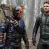 Arrow -- "Lian Yu" -- Image AR523a_0609b.jpg -- Pictured (L-R): Deathstroke and Stephen Amell as Oliver Queen/The Green Arrow -- Photo: Jack Rowand/The CW -- ÃÂ© 2017 The CW Network, LLC. All Rights Reserved.