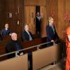Michael McKean as Chuck McGill, Rhea Seehorn as Kim Wexler, Bob Odenkirk as Jimmy McGill, Michael Mando as Nacho Varga, Jonathan Banks as Mike Ehrmantraut, Patrick Fabian as Howard Hamlin, Giancarlo Esposito as Gustavo "Gus" Fring - Better Call Saul _ Season 3, Gallery - Photo Credit: Robert Trachtenberg/AMC/Sony Pictures Television