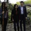 Charmed -- "Red Rain" -- Image Number: CMD121a_0028.jpg -- Pictured (L-R): Sarah Jeffery as Maggie, Melonie Diaz as Mel, Rupert Evans as Harry and Virginia Williams as Charity -- Photo: Colin Bentley/The CW -- ÃÂ© 2019 The CW Network, LLC. All rights reserved.