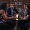 Charmed -- "Safe Space" -- Image Number: CMD201b_0142b.jpg -- Pictured (L-R): Madeleine Mantock as Macy, Rupert Evans as Harry, Melonie Diaz as Mel, and Sarah Jeffery as Maggie -- Photo: Colin Bentley/The CW -- © 2019 The CW Network, LLC. All rights reserved.