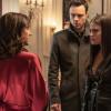 Charmed -- "Past is Present" -- Image Number: CMD207b_0003b.jpg -- Pictured (L-R): Poppy Drayton as Abigael, Rupert Evans as Harry, and Sarah Jeffery as Maggie -- Photo: Colin Bentley/The CW -- © 2019 The CW Network, LLC. All rights reserved.