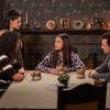Charmed -- "The Rules of Engagement" -- Image Number: CMD208b_0006b.jpg -- Pictured (L-R): Madeleine Mantock as Macy, Melonie Diaz as Melanie, Sarah Jeffery as Maggie, and Rupert Evans as Harry -- Photo: Colin Bentley/The CW -- © 2019 The CW Network, LLC. All rights reserved.