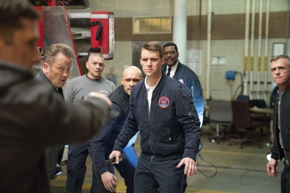 CHICAGO FIRE -- "Until The Weather Breaks" Episode 719 -- Pictured: (l-r) Christian Stolte as Mouch, joe Minoso as Joe Cruz, Jesse Spencer as Matthew Casey, Eamonn Walker as Wallace Boden, David Eigenberg as Christopher Herrmann -- (Photo by: Parrish Lewis/NBC)