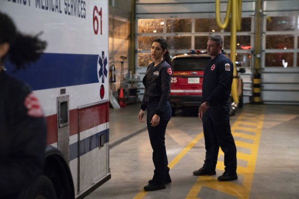 CHICAGO FIRE -- "Until The Weather Breaks" Episode 719 -- Pictured: (l-r) Miranda Rae Mayo as Stella Kidd, Taylor Kinney as Kelly Severide -- (Photo by: Parrish Lewis/NBC)