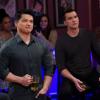 Crazy Ex-Girlfriend -- "I\'m In Love" -- Image Number: CEG417c_0422.jpg -- Pictured (L-R): Vincent Rodriguez III as Josh, Scott Michael Foster as Nathaniel and Danny Jolles as George -- Photo: Greg Gayne/The CW -- ÃÂ© 2019 The CW Network, LLC. All rights reserved.