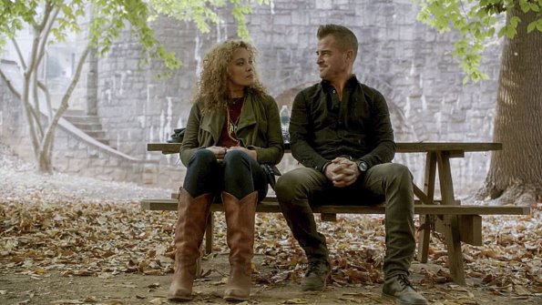 "Scissors" -- When Riley mysteriously disappears and goes rogue after hacking into the NSA and stealing a dangerous digital weapon, MacGyver, using a PVC pipe and fan, must find her in Shanghai and disarm it before it can be deployed.  Also, Bozer goes on his first official mission and Jack opens up about his history with Riley\'s mother, Diane (Michel Michele), on MACGYVER, Friday, Dec. 16 (8:00-9:00 PM, ET/PT) on the CBS Television Network.   Pictured: Michael Michele, George Eads. Photo:  CBS ÃÂ©2016 CBS Broadcasting, Inc. All Rights Reserved