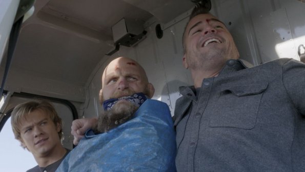 "Large Blade" -- On the way back from capturing a war criminal, Mac and Jack\'s helicopter crashes in a remote area of Kazakhstan, injuring their pilot and allowing their prisoner to escape with Jack\'s gun. Using a large blade and a water bottle, MacGyver must get help as the pilot\'s condition worsens and before the war criminal takes them as prisoners, on MACGYVER, Friday, Jan. 13 (8:00-9:00 PM, ET/PT) on the CBS Television Network.  Pictured: Lucas Till, Keith Jardine, George Eads  PHOTO CREDIT:   CBS ÃÂ© 2016 CBS.  All Rights Reserved.