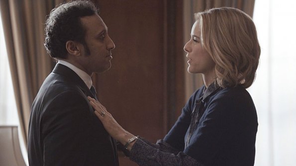 Chains of Command -- Elizabeth pushes for the prosecution of a Bahraini diplomat after he is caught holding a maid hostage in his home. Also, Henry\'s father comes to visit, on MADAM SECRETARY, Sunday, Jan. 11 (8:01-9:00 PM, ET/PT) on the CBS Television Network. Prince Yousif (Aasif Mandvi) left, and Elizabeth McCord (TÃÂ©a Leoni), shown. Photo: CBS  ÃÂ©2014 CBS Broadcasting, Inc. All Rights Reserved