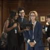 "Face the Nation" -- As Elizabeth McCord (TÃÂ©a Leoni) struggles to hold herself together emotionally following the attack in Iran, she works to prevent an ecological disaster in the Amazon, and prepares for a national television appearance on "Face the Nation." Also, she and Henry disagree about the level of protection Jason should have at his new school, on MADAM SECRETARY, Sunday, March 22 (8:00-9:00 PM, ET/PT) on the CBS Television Network. Daisy Grant (Patina Miller), from left, Matt Mahoney (Geoffrey Arend), Elizabeth McCord (TÃÂ©a Leoni) and Nadine Tolliver (Bebe Neuwirth), shown. Photo: Barbara Nitke/CBS ÃÂ©2015 CBS Broadcasting, Inc.All Rights Reserved