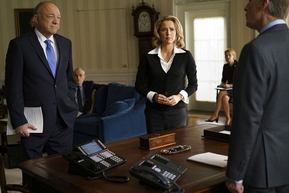 "Left of the Boom"-- While overseeing a mission to track down the culprits behind a uranium heist in Eastern Europe, Elizabeth also contends with other highly sensitive issues with Saudia Arabia, that may potentially threaten an Arms deal the two countries have been working on.   Also, Elizabeth deals with a diplomatic crisis when two American teenage girls flee the country to join the terrorist group Hizb al-Shahid (HS), on MADAM SECRETARY, Sunday, February 14 (8:00--9:00 PM, ET/PT) on the CBS Television Network. Pictured L-R: John Doman as Dennis Ellerman, Zeljko Ivanek as Russell Jackson, TÃÂ©a Leoni as Elizabeth McCord, and Keith Carradine as President Conrad Dalton Photo: Sarah Shatz/CBS ÃÂ©2015 CBS Broadcasting, Inc. All Rights Reserved