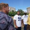 "Dead Inside" - When Katsumoto suspects that one of his fellow cops is dirty and has stolen evidence, he begrudgingly asks Magnum and Higgins for help. Also, Rick and TC help Los Angeles Rams defensive tackle Aaron Donald when his tablet, that contains the Rams\' playbook is stolen, on MAGNUM P.I., Friday, Oct. 18 (9:00-10:00 PM, ET/PT) on the CBS Television Network.  Pictured L-R:  Zachary Knighton as Orville \'Rick\' Wright ,  LA Rams Defensive Tackle Aaron Donald, Paul Mabon as Coach Dawson, and Stephen Hill as Theodore \'TC\' Calvin Photo: Karen Neal/CBS ©2019 CBS Broadcasting, Inc. All Rights Reserved