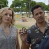 "Dead Inside" - When Katsumoto suspects that one of his fellow cops is dirty and has stolen evidence, he begrudgingly asks Magnum and Higgins for help. Also, Rick and TC help Los Angeles Rams defensive tackle Aaron Donald when his tablet, that contains the Rams\' playbook is stolen, on MAGNUM P.I., Friday, Oct. 18 (9:00-10:00 PM, ET/PT) on the CBS Television Network. Pictured L-R: Perdita Weeks as Juliet Higgins and Jay Hernandez as Thomas Magnum Photo: CBS ©2019 CBS Broadcasting, Inc. All Rights Reserved