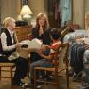 "Figgy Pudding and the Rapture" -- Christy (Anna Faris, far left) brings Bonnie (Allison Janney, center left), Roscoe (Blake Garrett Rosenthal, center), Violet (Sadie Calvano, center right) and Luke (Spencer Daniels, far right) dinner from work, on MOM, Monday, October 6 (8:30-9:00 PM, ET/PT) on the CBS Television Network. Photo: Darren Michaels/Warner Bros. Entertainment Inc. ÃÂ© 2014 WBEI. All rights reserved.