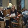 "Figgy Pudding and the Rapture" -- Christy (Anna Faris, far left) brings Bonnie (Allison Janney, center left), Roscoe (Blake Garrett Rosenthal, center), Violet (Sadie Calvano, center right) and Luke (Spencer Daniels, far right) dinner from work, on MOM, Monday, October 6 (8:30-9:00 PM, ET/PT) on the CBS Television Network. Photo: Darren Michaels/Warner Bros. Entertainment Inc. ÃÂ© 2014 WBEI. All rights reserved.