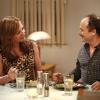 "Godzilla and a Sprig of Mint" -- Bonnie (Allison Janney, left) and Alvin (Kevin Pollak, right) enjoy a romantic dinner, on MOM, Thursday, January 8 (8:30-9:00 PM, ET/PT) on the CBS Television Network. Photo: Monty Brinton/CBS ÃÂ©2014 CBS Broadcasting, Inc. All Rights Reserved