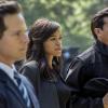 Nancy Drew -- "The Haunted Ring" -- Image Number: NCD104a_0132b.jpg -- Pictured (L-R): Scott Wolf as Carson, Alvina August as Karen and Adam Beach as Chief McGinnis -- Photo: Dean Buscher/The CW -- © 2019 The CW Network, LLC. All Rights Reserved.