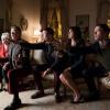 SCREAM QUEENS: L-R: Guest stars Julia Duffy and Alan Thicke, series star Glen Powell, guest stars Rachele Brooke Smith and Patrick Schwarzenegger in the "Thanksgiving" episode of SCREAM QUEENS airing Tuesday, Nov. 24 (9:00-10:00 PM ET/PT) on FOX. ©2015 Fox Broadcasting Co. Cr: Cook Allender/FOX.