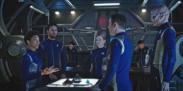 "Despite Yourself" -- Episode 110 -- Pictured (l-r): Sonequa Martin-Green as First Officer Michael Burnham; Shazad Latif as Lieutenant Ash Tyler; Mary Wiseman as Cadet Sylvia Tilly; Doug Jones as Lieutenant Saru; Jason Isaacs as Captain Gabriel Lorca of the CBS All Access series STAR TREK: DISCOVERY. Photo Cr: Best Possible Screengrab/CBS ÃÂ© 2017 CBS Interactive. All Rights Reserved.