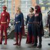 Supergirl -- "Crisis on Infinite Earths: Part One" -- Image Number: SPG509c_0115r.jpg -- Pictured (L-R): Grant Gustin as The Flash, Melissa Benoist as Kara/Supergirl, Tyler Hoechlin as Clark Kent/Superman, Ruby Rose as Kate Kane/Batwoman and Brandon Routh as Ray Palmer/Atom -- Photo: Dean Buscher/The CW -- © 2019 The CW Network, LLC. All Rights Reserved.