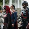 Supergirl -- "Crisis on Infinite Earths: Part One" -- Image Number: SPG509c_0128r.jpg -- Pictured (L-R): Ruby Rose as Kate Kane/Batwoman, Tyler Hoechlin as Clark Kent/Superman and Brandon Routh as Ray Palmer/Atom -- Photo: Dean Buscher/The CW -- © 2019 The CW Network, LLC. All Rights Reserved.