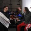 THE COMEDIANS -- Pictured: (L-R) Andrew Secunda as Cue Card Guy, Larry Charles as himself. CR: Ray Mickshaw/FX