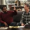 "London Calling" -- Oscar is forced to choose between his romantic plans with Charlotte (Teri Hatcher) and helping to save Felix\'s relationship as Emily decides to extend her stay in London and Felix starts to fall apart, on the third season premiere of THE ODD COUPLE, Monday, Oct. 17 (9:30-10:00 PM, ET/PT), on the CBS Television Network. Musical group Boyz II Men guest star as themselves. Pictured left to right: Wendell Pierce as Teddy and Matthew Perry as Oscar Madison. Photo: Michael Yarish/CBS ÃÂ© 2016 CBS Television Network. All Rights Reserved.