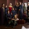 BATTLESTAR GALACTICA -- Pictured: (l-r) James Callis as Gaius Baltar, Tahmoh Penikett as Karl "Helo" Agathon, Jamie Bamber as Lee "Apollo" Adama, Tricia Helfer as Number Six, Grace Park as Sharon Valerii, Katee Sackhoff as Kara "Starbuck" Thrace, Mary McDonnell as Laura Roslin, Edward James Olmos as William Adama, Aaron Douglas as Tyrol, Reka Sharma as Tory Foster, Michael Trucco as Sam Anders, Michael Hogan as Saul Tigh -- SCI FI Channel Photo: Art Streiber