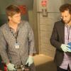 BONES:  Hodgins (TJ Thyne, R) and Jeffersonian intern Wendell Bray (guest star Michael Grant Terry, L) examine a footprint taken from a crime scene in the "The Corpse at the Convention" episode of BONES airing Thursday, Oct. 30 (8:00-9:00 PM ET/PT) on FOX.  ©2015 Fox Broadcasting Co.  Cr:  Patrick McElhenney/FOX