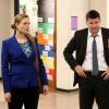 BONES: Brennan (Emily Deschanel, L) and Booth (David Boreanaz, R) find a memorial at the school campus of an affluent teacher that is found dead in the "The Teacher in the Books" episode of BONES airing Thursday, April 2 (8:00-9:00 PM ET/PT) on FOX. Pictured ©2015 Fox Broadcasting Co. Cr: Patrick McElhenney/FOX