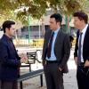 BONES: Aubrey (John Boyd, C), and Booth (David Boreanaz, R), question Shane Gentry (guest star Brendan Robinson, L) at the school campus of a teacher that was found dead, in the "The Teacher in the Books" episode of BONES airing Thursday, April 2 (8:00-9:00 PM ET/PT) on FOX. Pictured ©2015 Fox Broadcasting Co. Cr: Patrick McElhenney/FOX