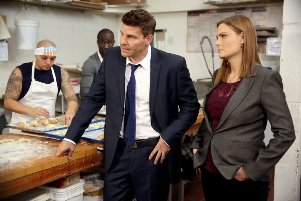 BONES: Booth (David Boreanaz, L) and Brennan (Emily Deschanel, R) investigate a local bakery known for employing former felons in the "The Baker In The Bits" episode of BONES airing Thursday, April 9 (8:00-9:00 PM ET/PT) on FOX. ©2015 Fox Broadcasting Co. Cr: Jordin Althaus/FOX BONES: Booth (David Boreanaz, L) and Brennan (Emily Deschanel, R) investigate a local bakery known for employing former felons in the "The Baker In The Bits" episode of BONES airing Thursday, April 9 (8:00-9:00 PM ET/PT) on FOX. ©2015 Fox Broadcasting Co. Cr: Jordin Althaus/FOX