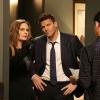 BONES: L-R: Emily Deschanel, David Boreanaz and guest star XXX in the Spring premiere "The Death In The Defense" episode of BONES airing Thursday, April 14 (8:00-9:00 PM ET/PT) on FOX.  ©2016 Fox Broadcasting Co.  Cr:  Patrick McElhenney/FOX