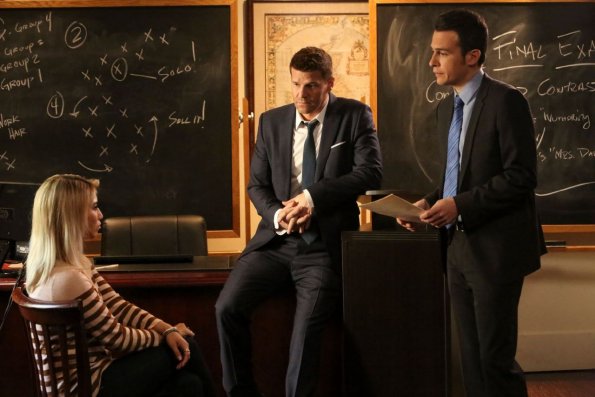 BONES: L-R: Guest star Kirstin Taylor Maldonado, David Boreanaz and John Boyd in the "The Strike in the Chord" episode of BONES airing Thursday, May 19 (8:00-9:00 PM ET/PT) on FOX.  ©2016 Fox Broadcasting Co. Cr:  Patrick McElhenney/FOX