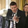 BONES:  Brennan (Emily Deschanel, R) and Booth (David Boreanaz, L) are caught by surprise in the "The Fact in the Fiction" episode of BONES airing Monday, Feb. 25 (8:00-9:00 PM ET/PT) on FOX.  ©2013 Patrick McElhenney/FOX