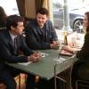 BONES:  Sweets (John Francis Daley, L) tells Brennan (Emily Deschanel, R) and Booth (David Boreanaz, C) that he has found a new apartment in the "The Doom in the Gloom" episode of BONES airing Monday, March 18 (8:00-9:00 PM ET/PT) on FOX.  ©2013 Fox Broadcasting Co.  Cr:  Adam Taylor/FOX