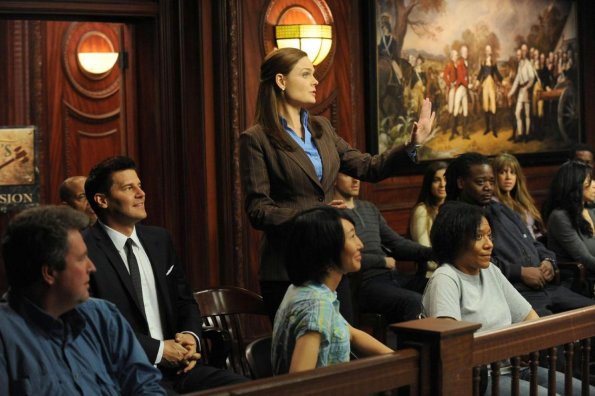 BONES:  While investigating the murder of a TV producer, Booth (David Boreanaz, L) and Brennan (Emily Deschanel, R) attend a taping of the courtroom show on which she worked in the &quot;The Maiden in the Mushrooms&quot; episode of BONES airing Monday, April 1 (8:00-9:00 PM ET/PT) on FOX.  &#xa9;2013 Fox Broadcasting Co.  Cr:  Ray Mickshaw/FOX