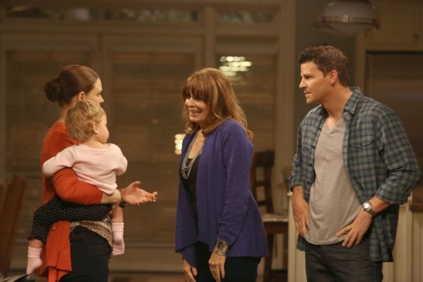 BONES:  When Booth's (David Boreanaz, R) mother (guest star Joanna Cassidy, second from R) shows up after a long absence in his life, she meets Brennan (Emily Deschanel, L) and Christine in the &quot;The Party in the Pants&quot; episode of BONES airing Monday, April 15 (8:00-9:00 PM ET/PT) on FOX.
&#xa9;2013 Fox Broadcasting Co.  Cr:  Patrick McElhenney/FOX