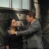 BONES:  Booth (David Boreanaz, R) brings a gang member (guest star Aline Elasmar, L) in for questioning in the "El Carnicero en el Coche" episode of BONES airing Monday, Sept. 23 (8:00-9:00 PM ET/PT) on FOX.  ©2013 Fox Broadcasting Co.  Cr:  Ray Mickshaw/FOX