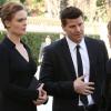 BONES: Brennan (Emily Deschanel, L) and Booth (David Boreanaz, C) are confronted by a grieving mother in the &quot;The Turn in the Urn&quot; episode of BONES airing Monday, March 31 (8:00-9:00 PM ET/PT) on FOX. &#xa9;2014 Fox Broadcasting Co. Cr: Patrick McElhenney/FOX