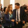 BONES:  Brennan (Emily Deschanel, L) and Booth (David Boreanaz, R) rush out of a Senate hearing in the "The Recluse in the Recliner" Season Finale episode of BONES airing Monday, May 19 (8:00-9:00 PM ET/PT) on FOX.  ©2014 Fox Broadcasting Co.  Cr:  Patrick McElhenney/FOX