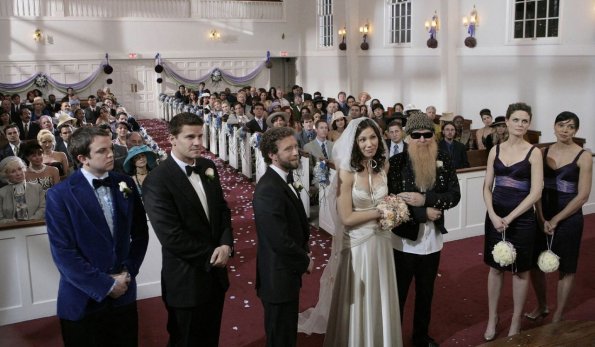 BONES: Hodgins (TJ Thyne, third from L) and Angela (MIchaela Conlin,C) with their wedding party as they are about to exchange wedding vows in the BONES season finale episode "Stargazer in a Puddle" airing Wednesday, May 16 (8:00-9:00 PM ET/PT) on FOX. Also pictured L-R: Eric Millegan, David Boreanaz, guest star Billy Gibbons, Emily Deschanel and Tamara Taylor. ©2007 Fox Broadcasting Co. Cr: Michael Becker/FOX BONES: Hodgins (TJ Thyne, third from L) and Angela (MIchaela Conlin,C) with their wedding party as they are about to exchange wedding vows in the BONES season finale episode "Stargazer in a Puddle" airing Wednesday, May 16 (8:00-9:00 PM ET/PT) on FOX. Also pictured L-R: Eric Millegan, David Boreanaz, guest star Billy Gibbons, Emily Deschanel and Tamara Taylor. ©2007 Fox Broadcasting Co. Cr: Michael Becker/FOX