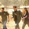 BONES:  Booth (David Boreanaz, C) and Brennan (Emily Deschanel, R) question a farmer (Gill Gayle, L) when they suspect that he could be involved with the death of a rival farmer in the BONES episode "The Secret in the Soil" airing Tuesday, Oct. 23 (8:00-9:00 PM ET/PT) on FOX.  ©2007 Fox Broadcasting Company.  Cr:  Isabella Vosmikova/FOX