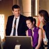 BONES:  Booth (David Boreanaz, L), Angela (Michaela Conlin, C) and Brennan (Emily Deschanel, R) investigate the death of a veterinarian in the BONES episode &quot;The Finger in the Nest&quot; airing Wednesday, Sept. 17 (8:00-9:00 PM ET/PT) on FOX.  &copy;2008 Fox Broadcasting Co.  Cr:  Mark Lipson/FOX