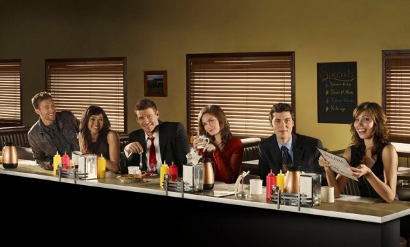 BONES: L-R: TJ Thyne, Tamara Taylor, David Boreanaz, Emily Deschanel, John Francis Daley and Michaela Conlin.  The fourth season of BONES premieres Wednesday, Sept. 3 (8:00-10:00 PM ET/PT) on FOX. &#xa9;2008 Fox Broadcasting Co. Cr:  Eric Ogden/FOX