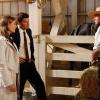 BONES:  Brennan (Emily Deschanel, L) and Booth (David Boreanaz, C) visit the family of an young Amish man whose body was found dismembered along a train track in the BONES episode &quot;The Plain in the Prodigy&quot; airing Thursday, Oct. 1 (8:00-9:00 PM ET/PT) on FOX.  Also pictured: Randy Oglesby (R).  &#xa9;2009 Fox Broadcasting Co.  Cr:  Greg Gayne/FOX