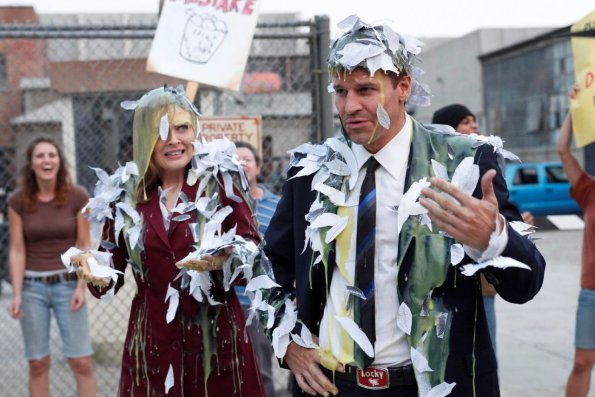 BONES: When Brennan (Emily Deschanel, L) and Booth (David Boreanaz, R) investigate a heavily protested chicken factory, they become the target of the protesters' in in the BONES episode "The Tough Man in the Tender Chicken" airing Thursday, Nov. 5 (8:00-9:00 PM ET/PT) on FOX. ©2009 Fox Broadcasting Co. Cr: Greg Gayne/FOX BONES: When Brennan (Emily Deschanel, L) and Booth (David Boreanaz, R) investigate a heavily protested chicken factory, they become the target of the protesters' in in the BONES episode "The Tough Man in the Tender Chicken" airing Thursday, Nov. 5 (8:00-9:00 PM ET/PT) on FOX. ©2009 Fox Broadcasting Co. Cr: Greg Gayne/FOX