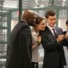 BONES:  Behind the Scenes:  John Francis Daley (second from R) wants everyone to check out something interesting on his phone during production on the BONES episode "The Proof in the Pudding" airing Thursday, Jan. 21 (8:00-9:00 PM ET/PT) on FOX.  Also pictured:  Emily Deschanel (second from L), Tamara Taylor (R) and guest star Richard T. Jones (L) ©2010 Fox Broadcasting Co.  Cr:  Adam Taylor/FOX